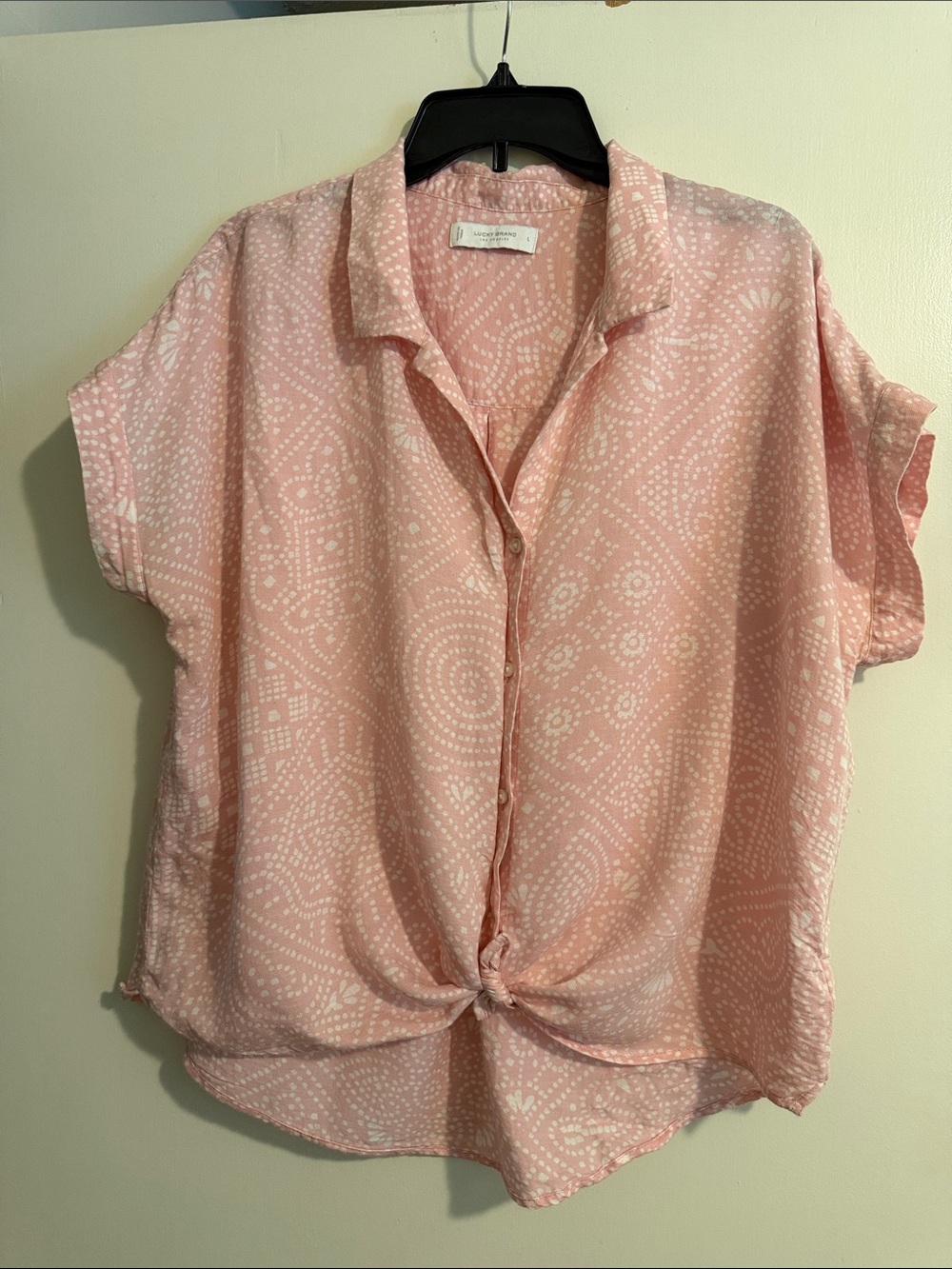 Lucky Brand Pale Pink Short-Sleeve Button Front Top with Knot